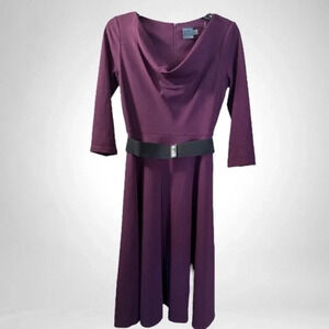 Gabby Skye drap neck, fit and flare dress, color purple with black belt size 4
